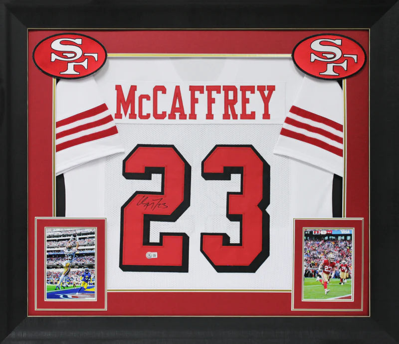 Christian McCaffrey Signed San Francisco 49ers Framed Football Jersey with Beckett COA